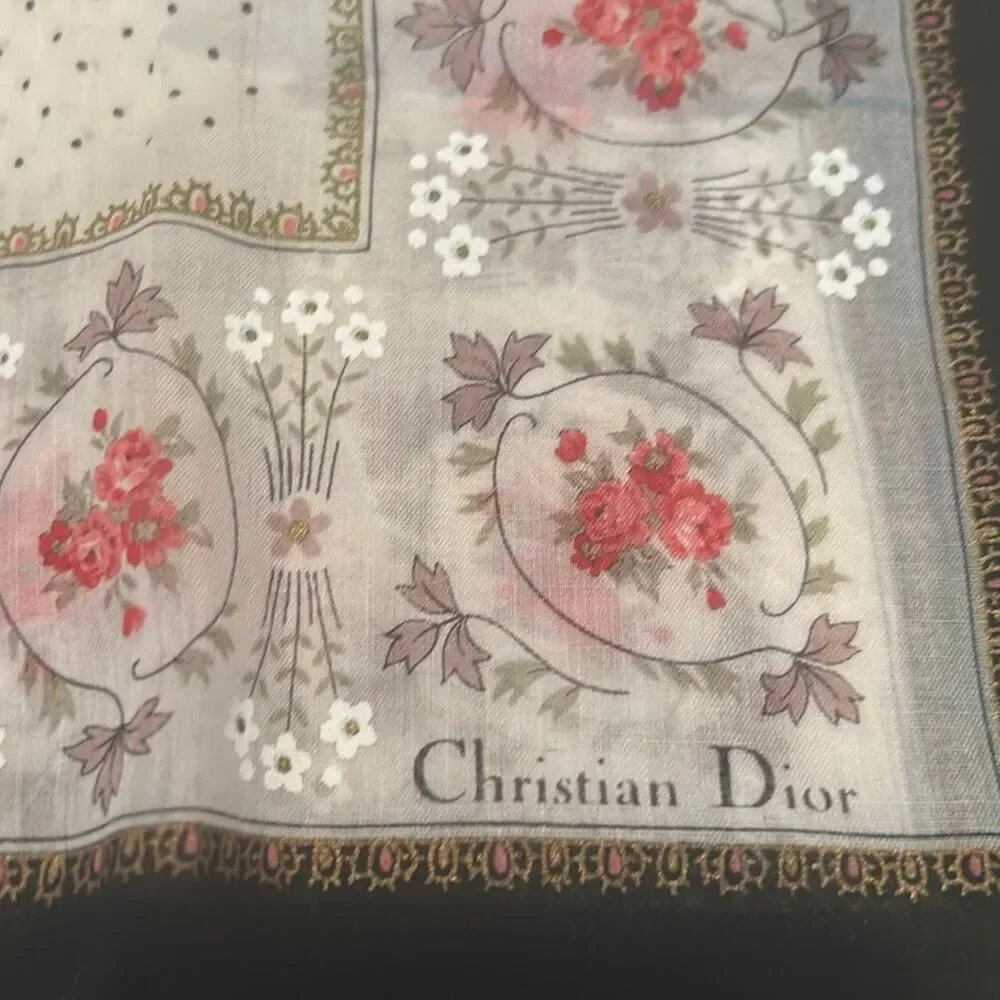 Christian Dior Handkerchief Dainty Polka Dot Floral Coquette Luxury Twilly Scarf